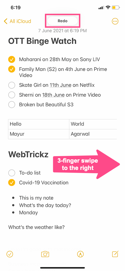 how to redo iPhone notes without shaking