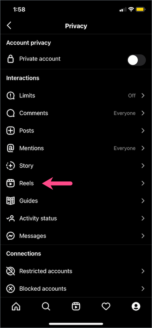 setting for reels controls in instagram