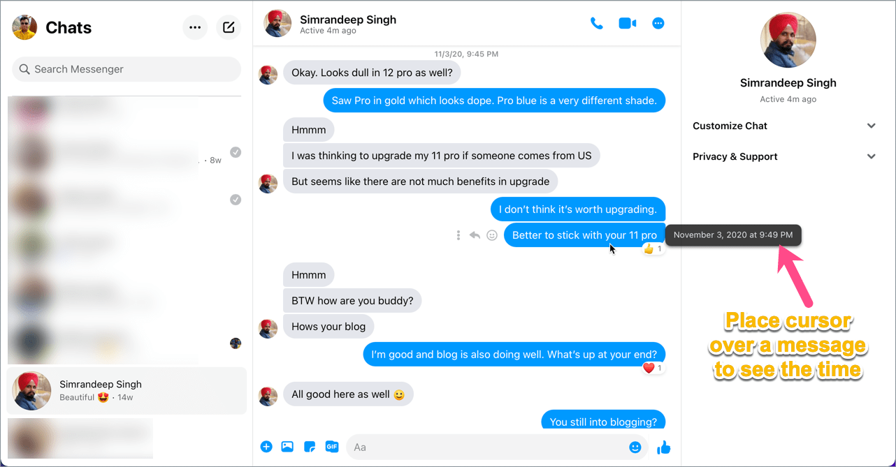 how to see time message was sent on messenger