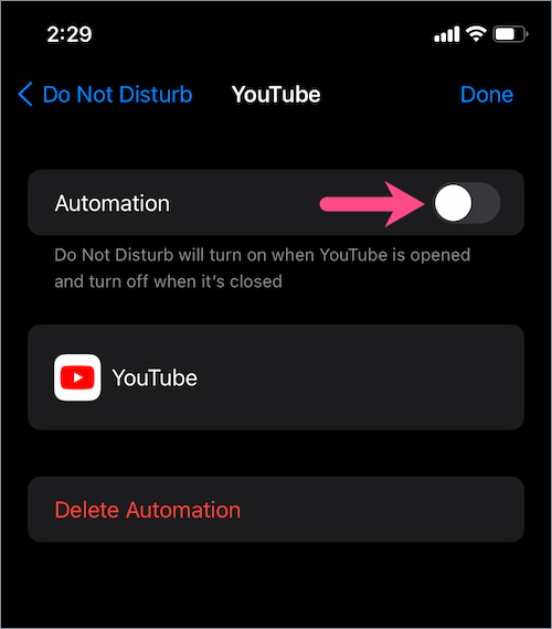 how to disable a do not disturb automation in iOS 15