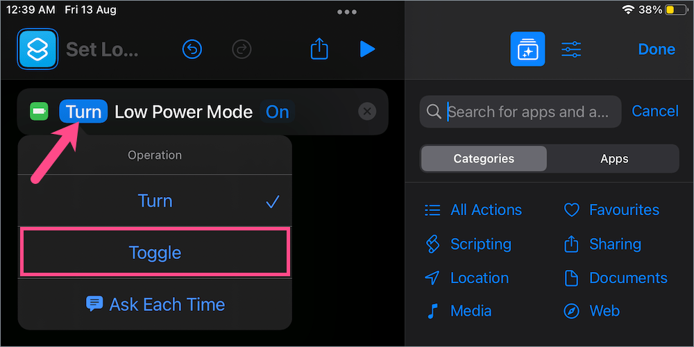 how to add low power mode to shortcuts on iPad