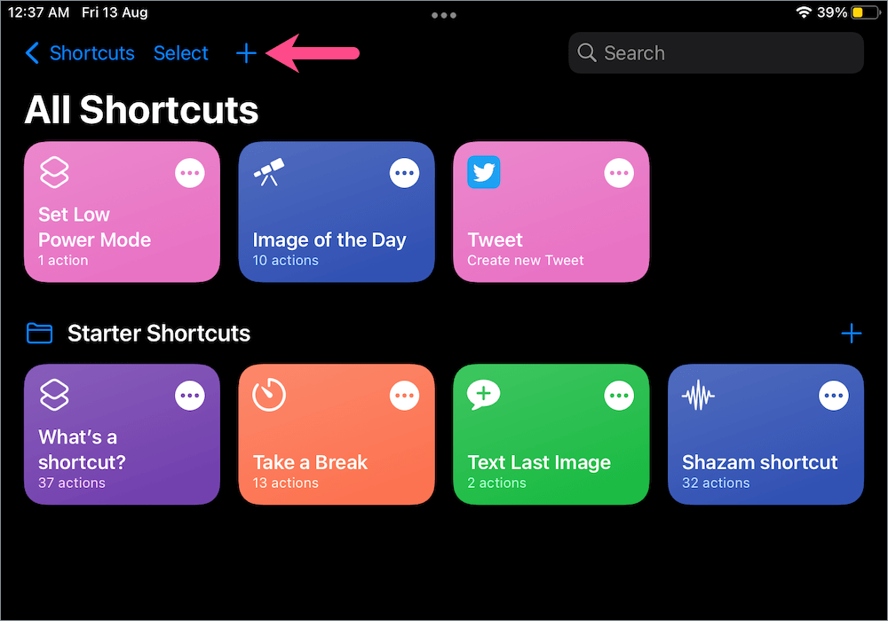 add a new shortcut on iPadOS