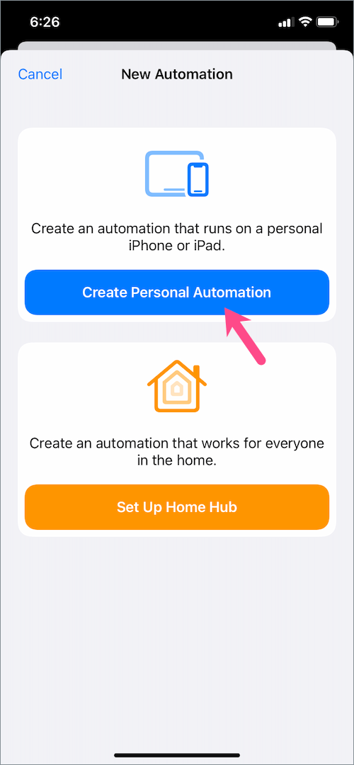 create new automation in shortcuts