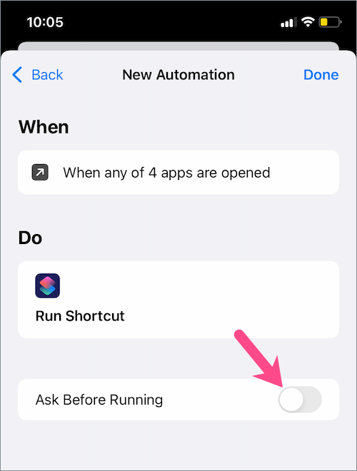 turn off ask before running in shortcuts app