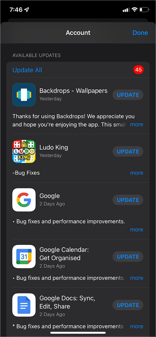 list of available app updates in the App Store on iPhone