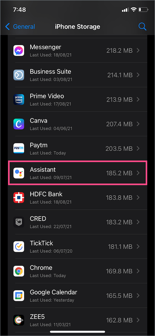 iPhone storage showing list of installed apps