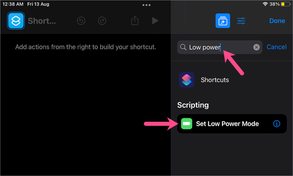 how to set low power mode shortcut on iPad