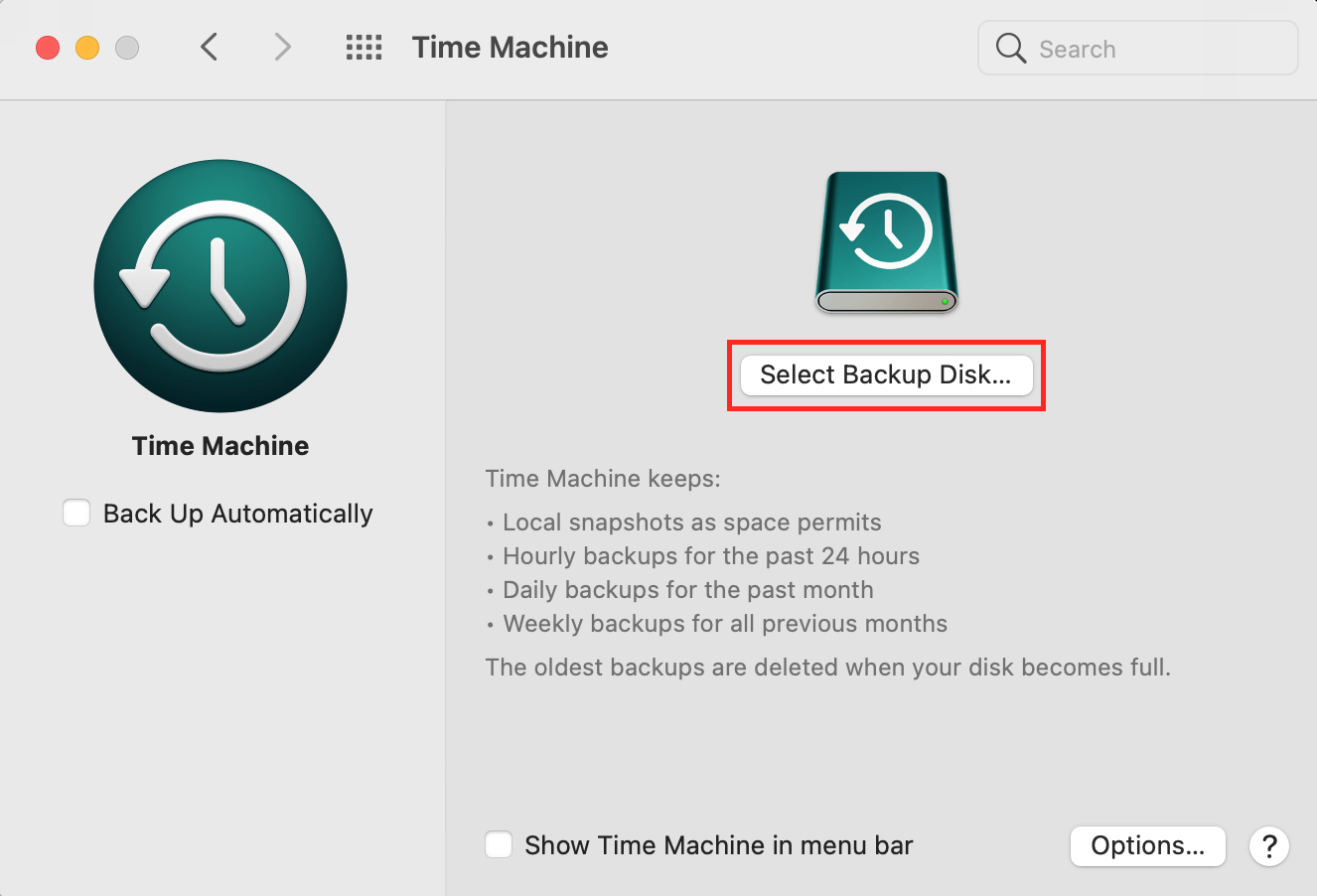 Select Backup Disk in time machine on Mac