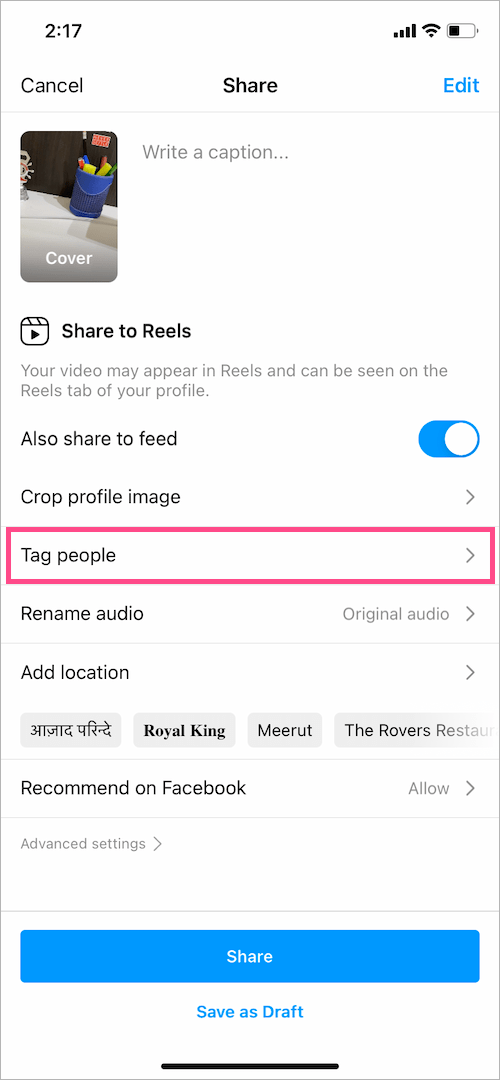 how to tag people in instagram reels