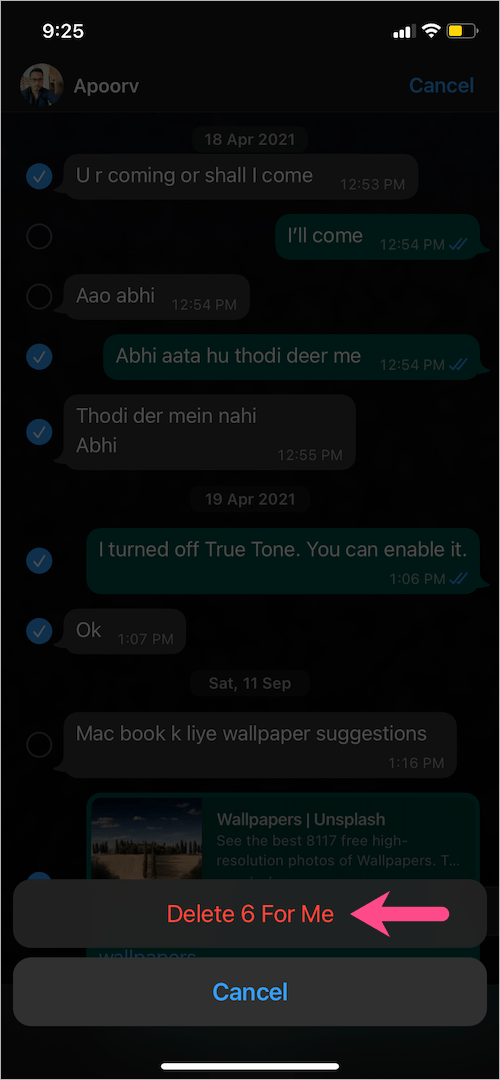 delete multiple whatsapp chat messages on iphone