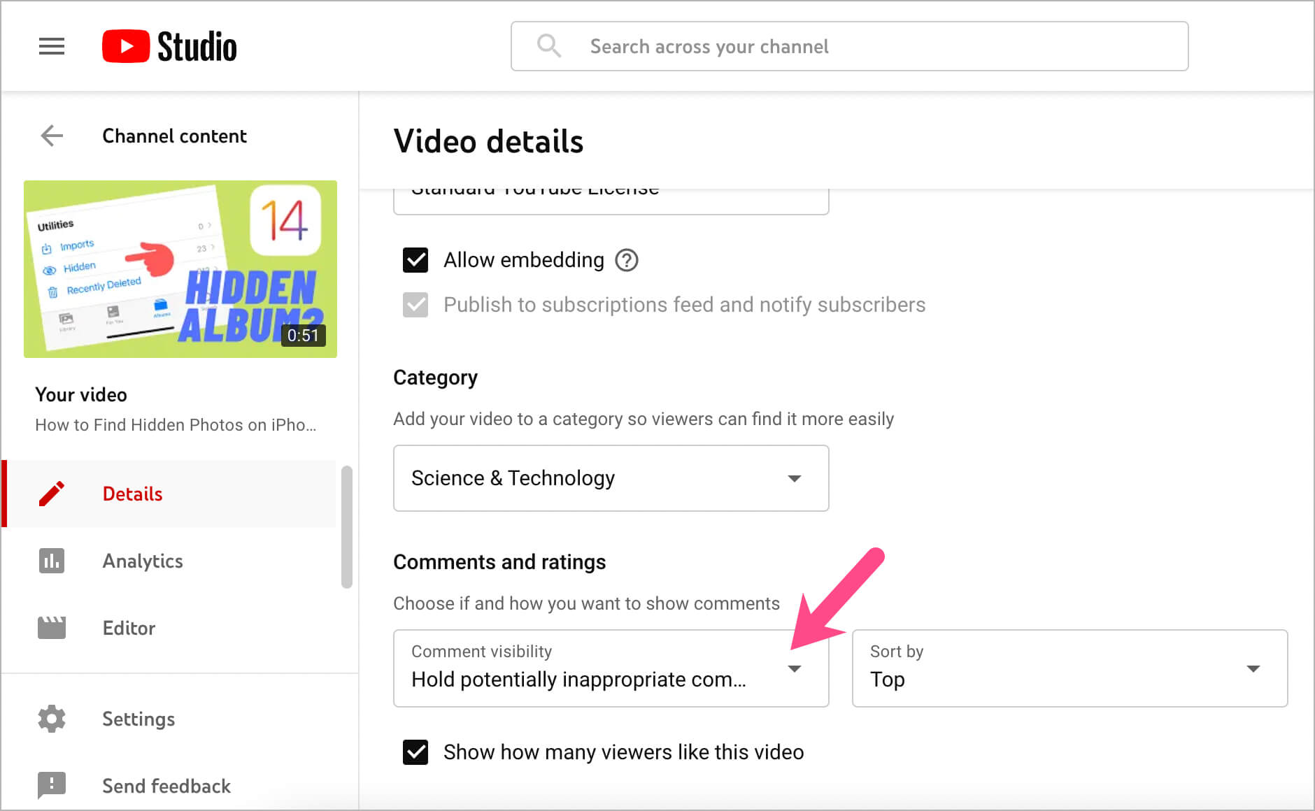 edit comment visibility of youtube shorts video on a dekstop