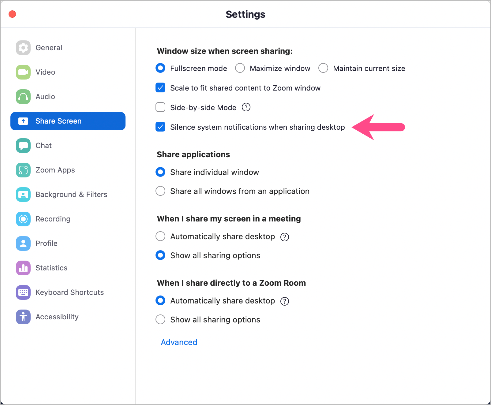 how to hide notifications from share screen in zoom on mac 
