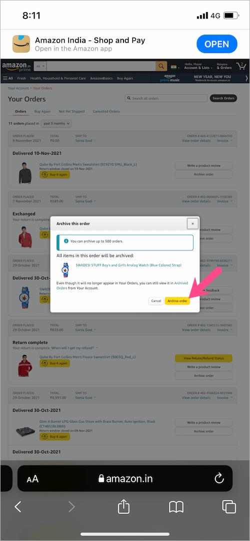 how to hide amazon orders on app