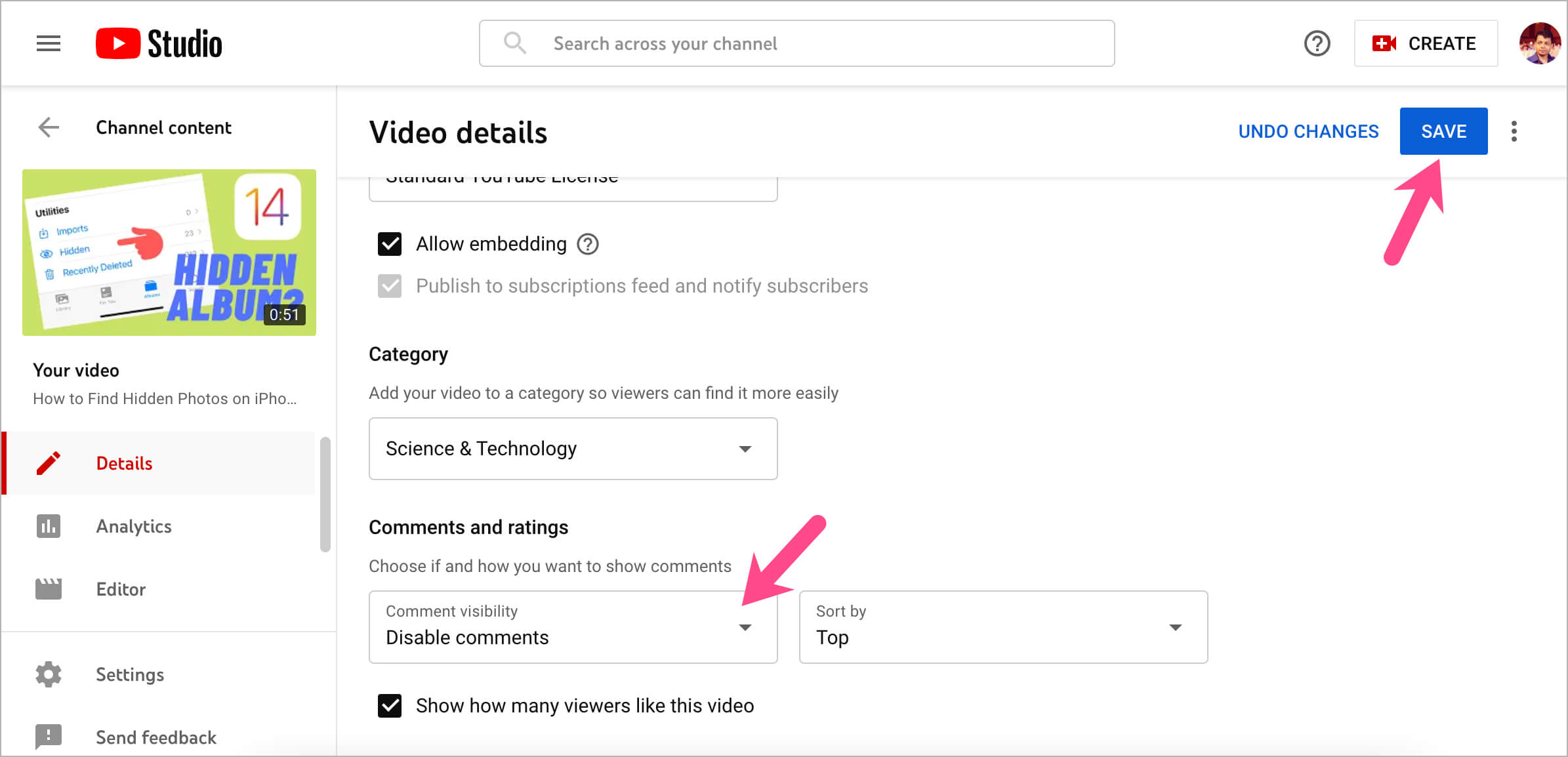 modify youtube video comment settings on a PC