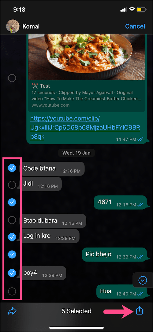 how to select multiple whatsapp messages on iphone