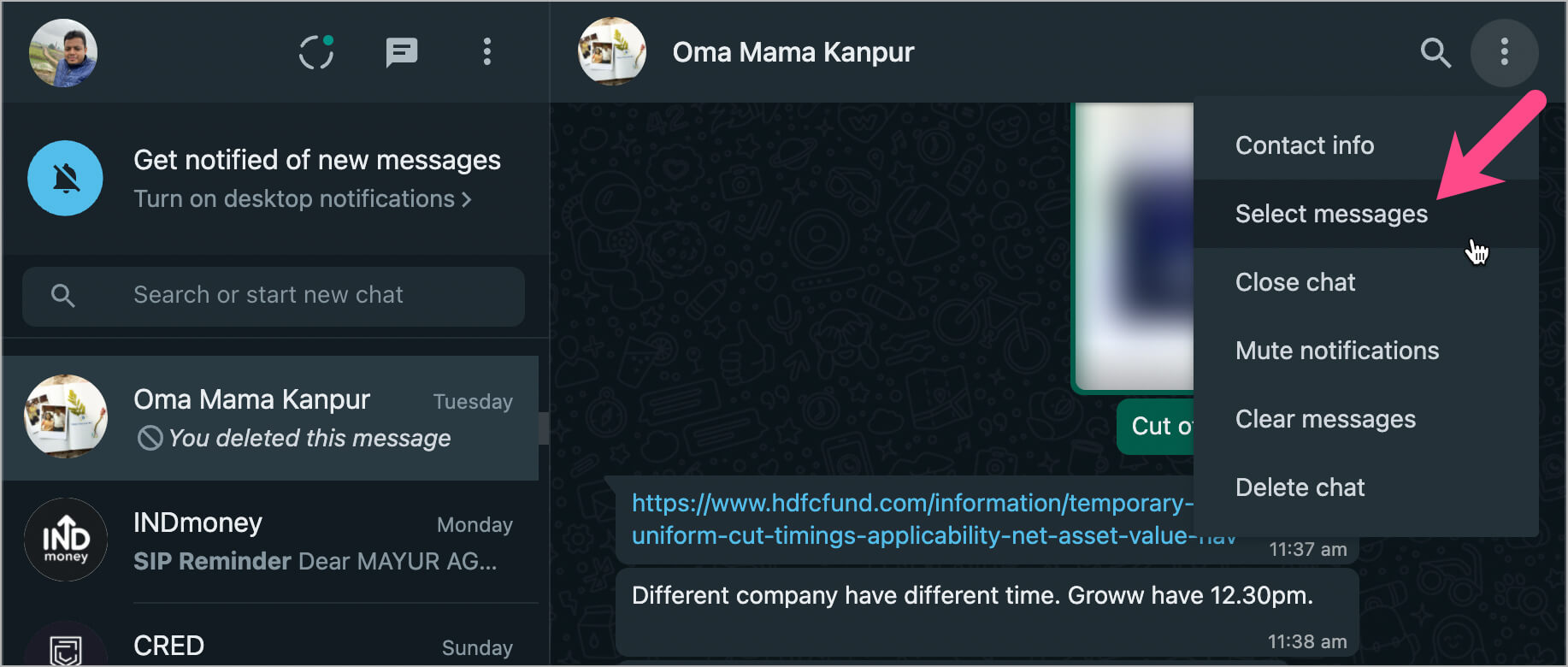 how to select multiple messages in whatsapp web