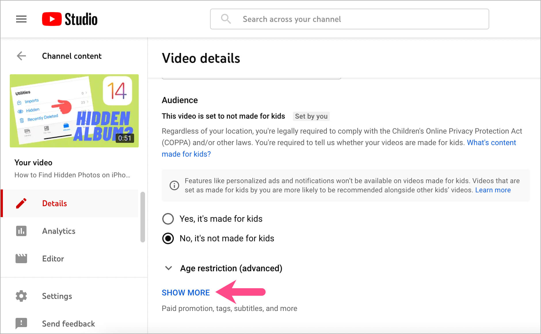 show more in youtube studio on desktop