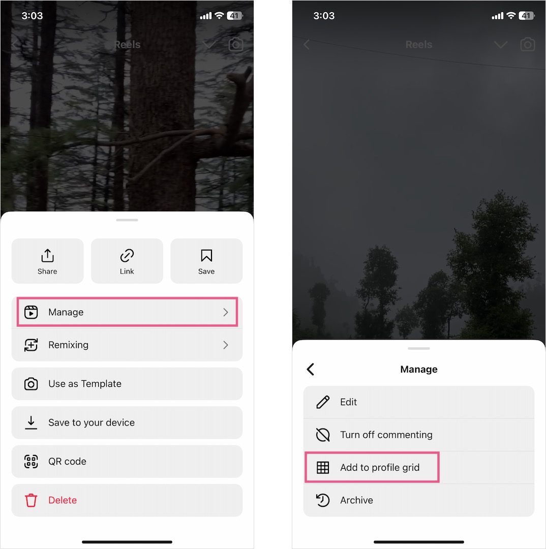 how to put reel back on profile grid after removing on iphone