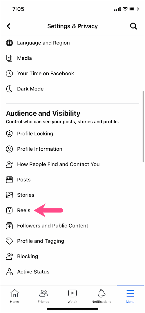 reels privacy settings in facebook app