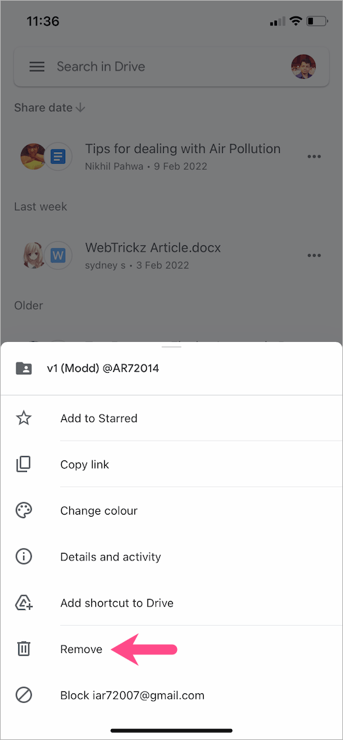 how to remove a shared file from google drive on iphone