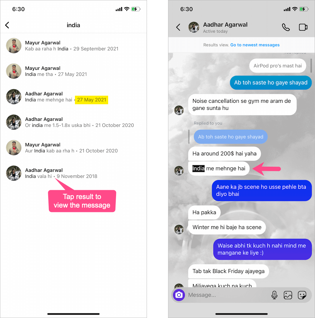 how to search instagram messages for keywords on iphone