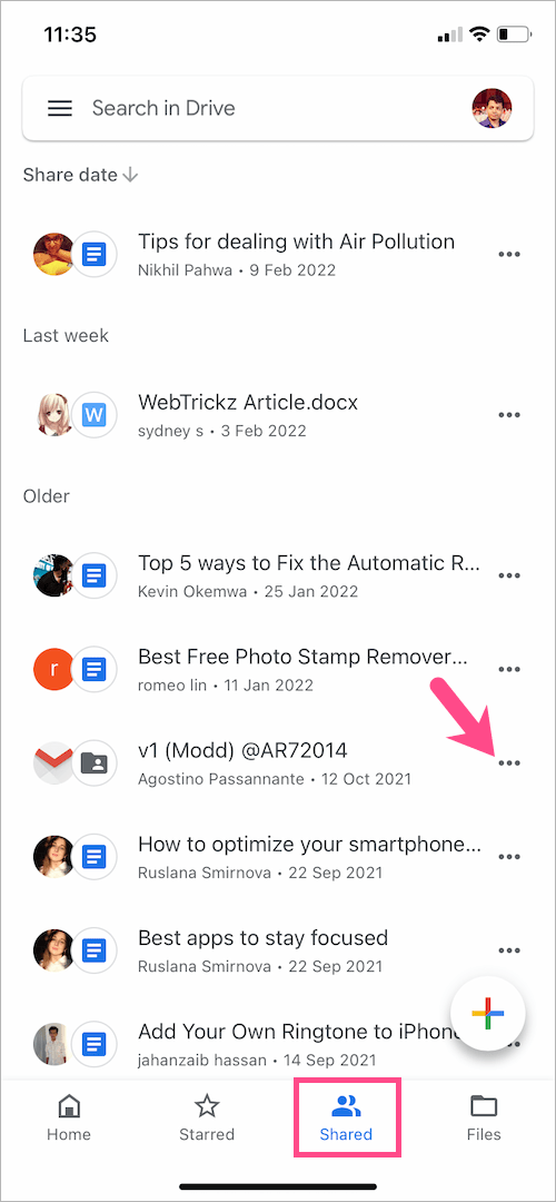 view shared files and folders in google drive app