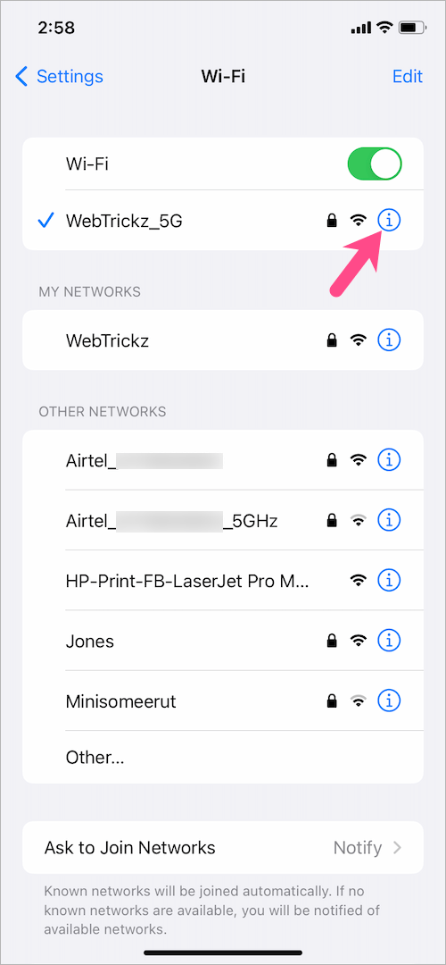 see wireless network details on ios