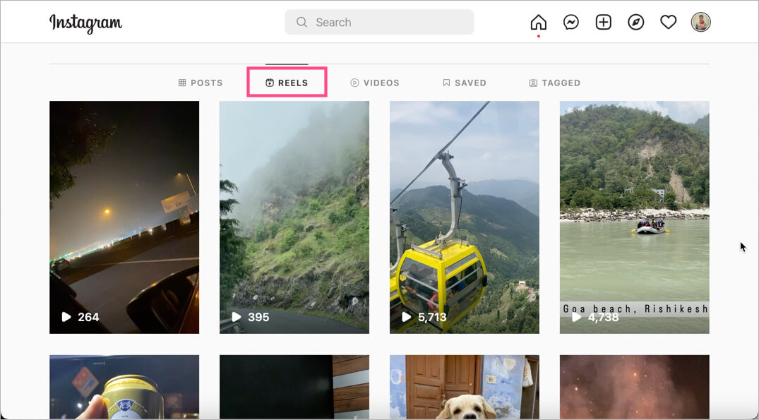 reels tab in instagram desktop website