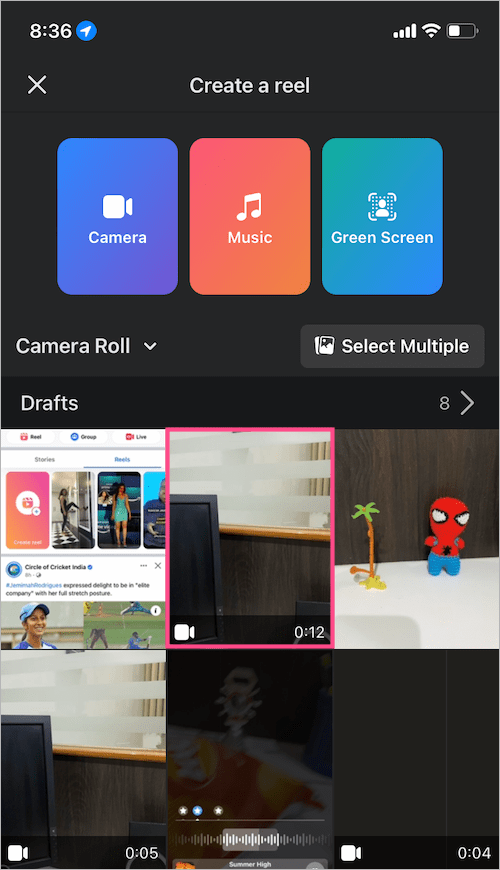 choose existing reel video from gallery