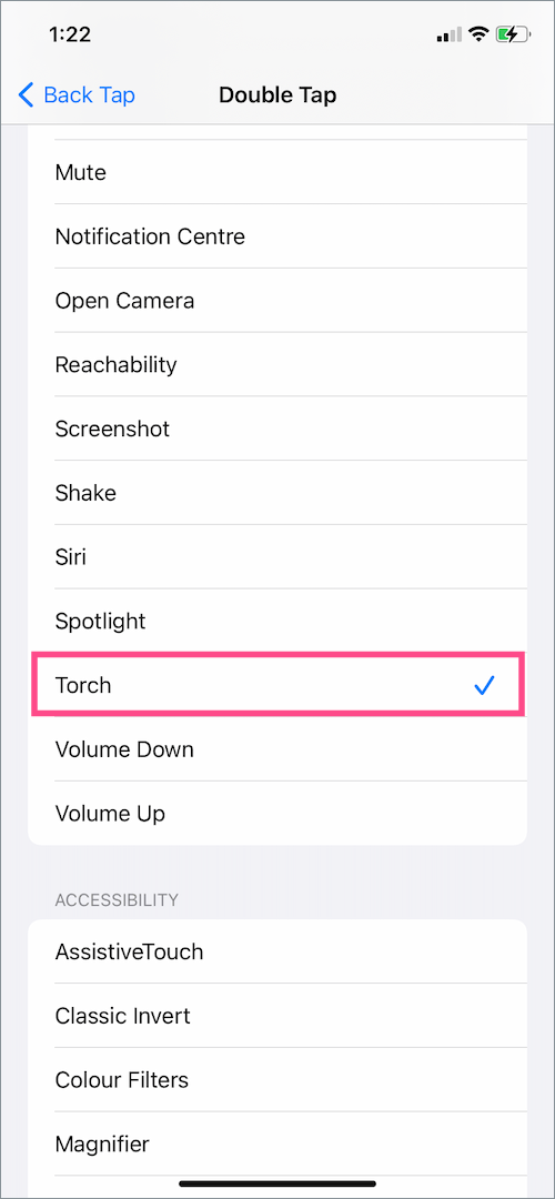 turn on flashlight using back tap on iPhone 14