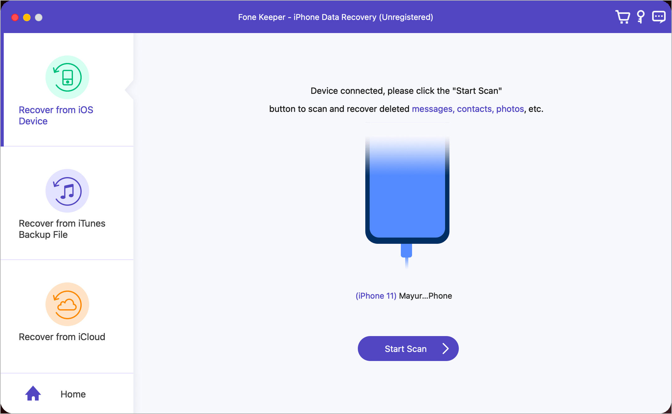 start scan to recover deleted data from iphone
