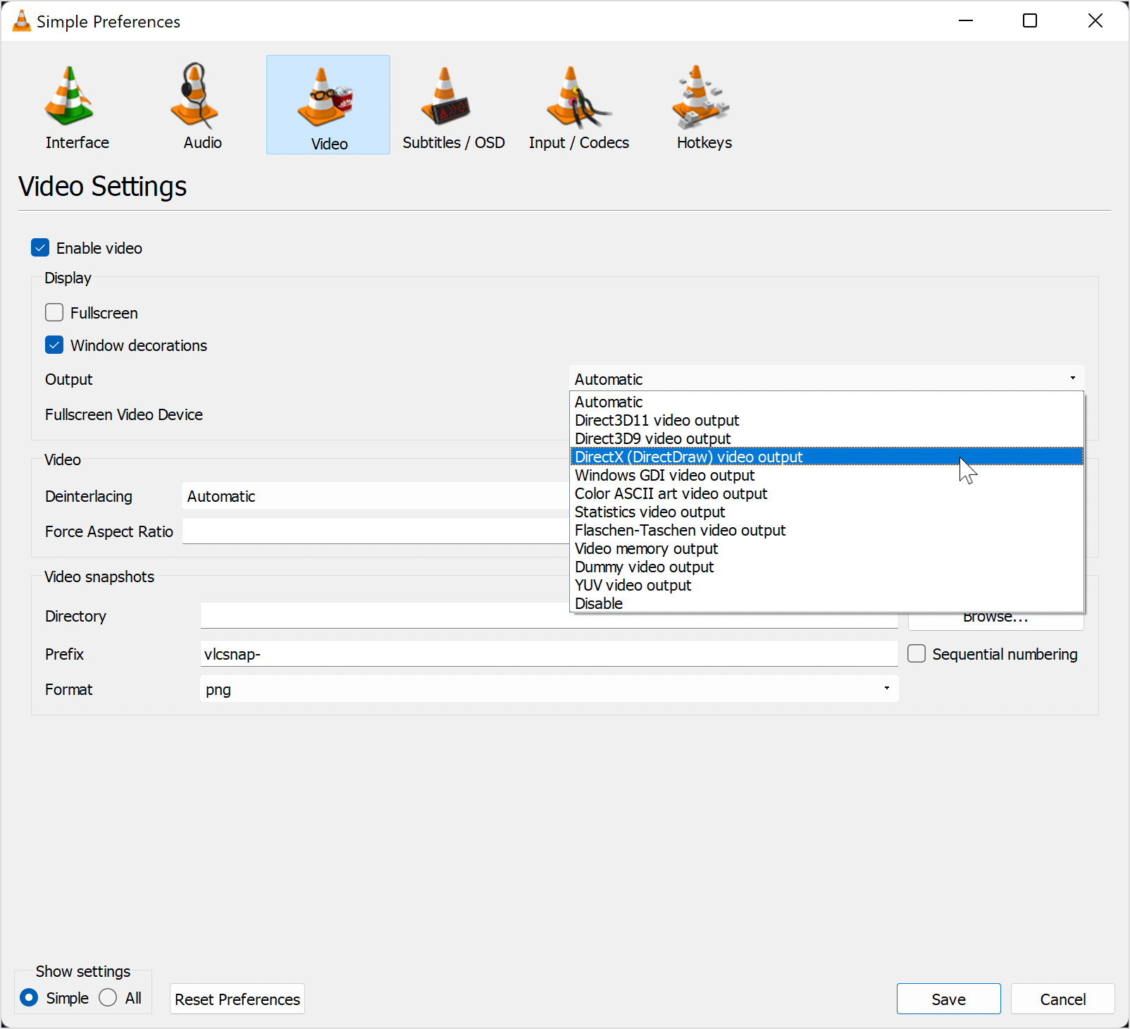 how to change output video settings in vlc player