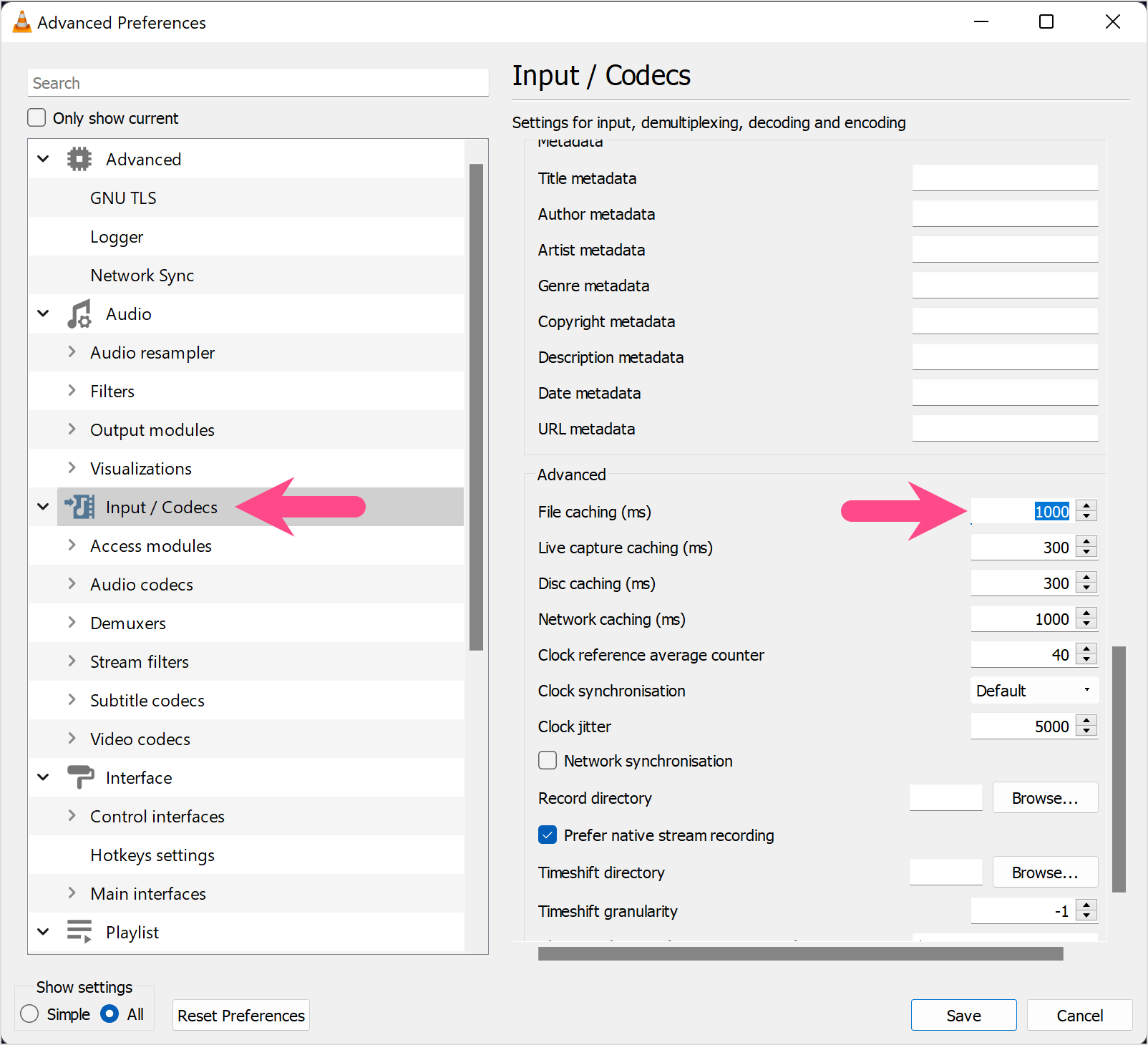how to increase the file cache value in VLC player
