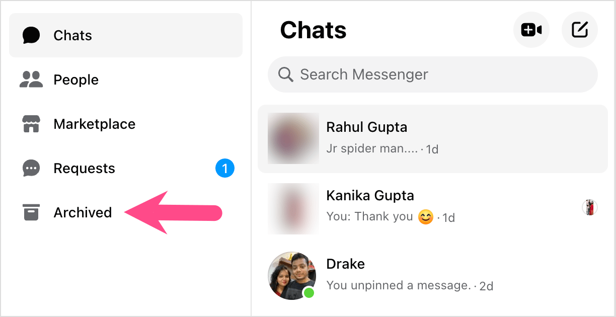 archived chats folder on messenger.com
