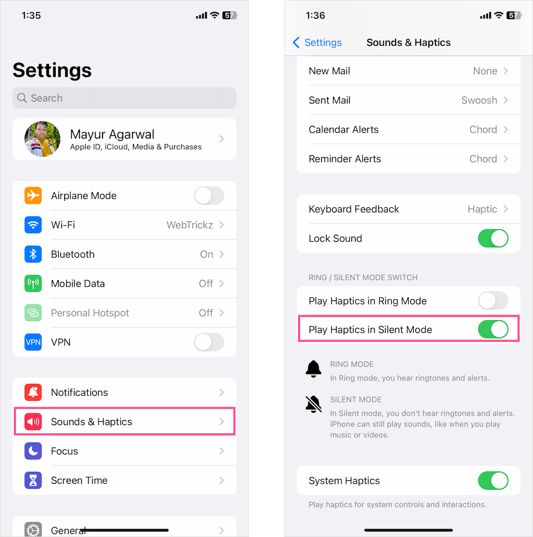 turn on vibrate on silent in iOS 16