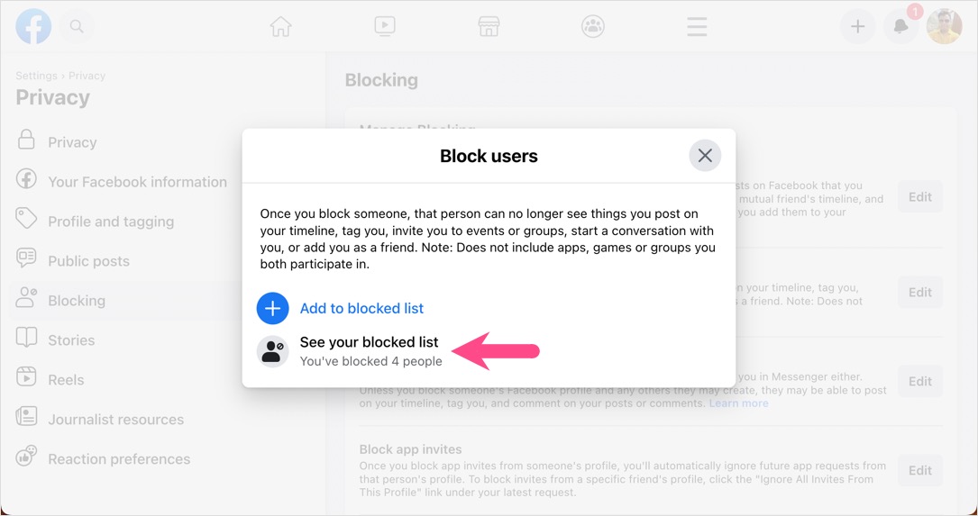how to see blocked list on facebook