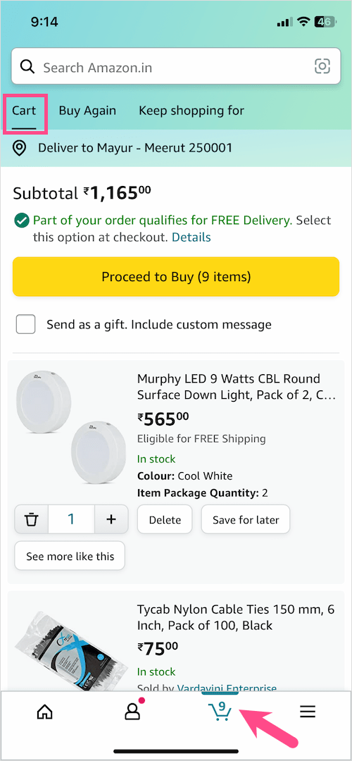 go to shopping cart on amazon app