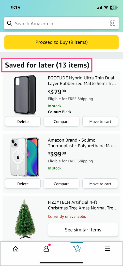 how to see saved for later on amazon app