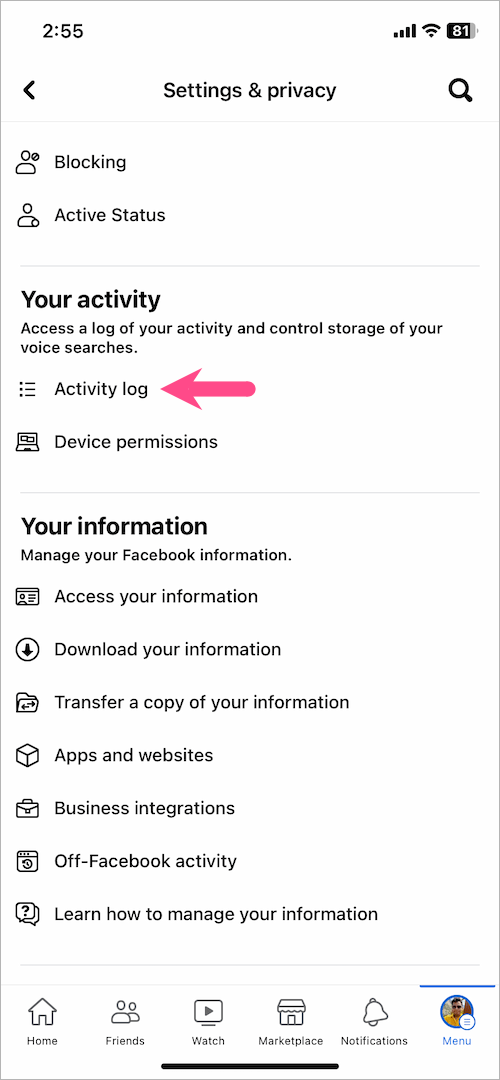 view Facebook activity log