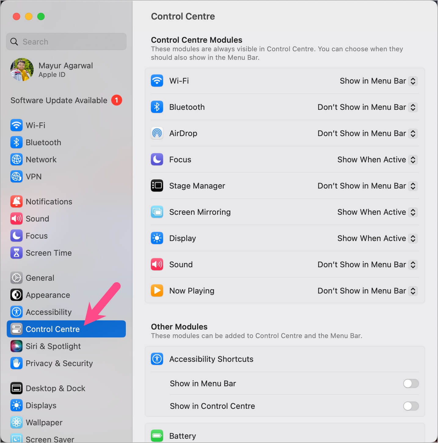 control centre settings on mac ventura