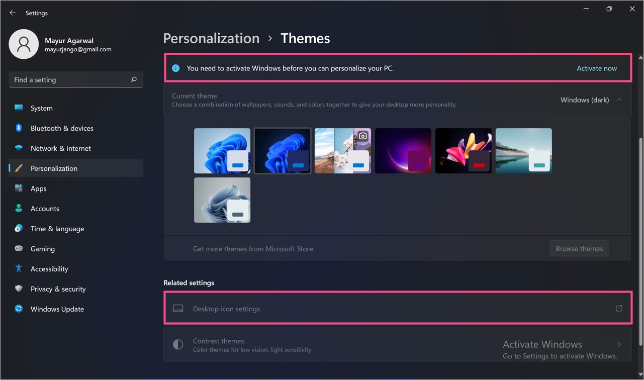 desktop icon settings disabled on unactivated windows 11