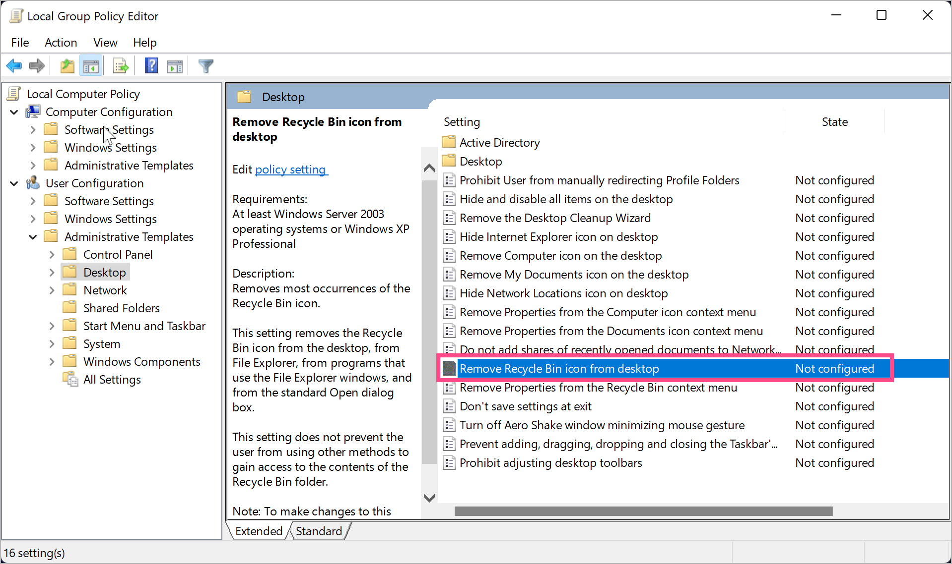 how to remove recycle bin from desktop using group policy in windows
