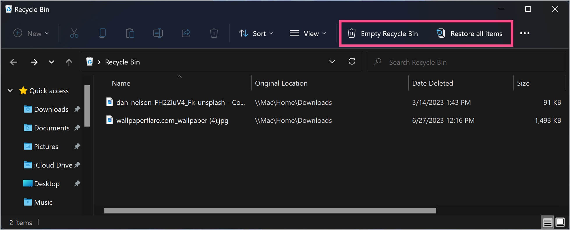 view recycle bin items in windows file explorer
