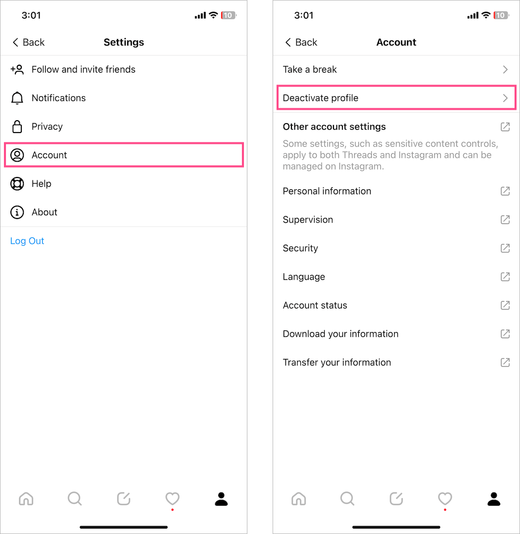 how to deactivate threads profile on iphone