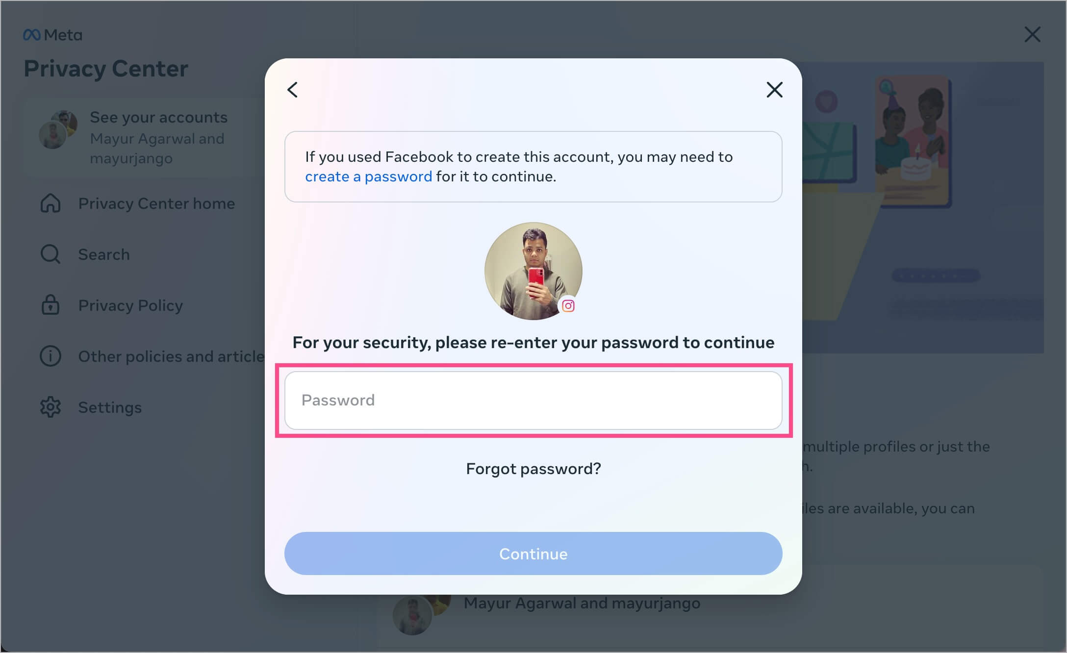 enter instagram account password