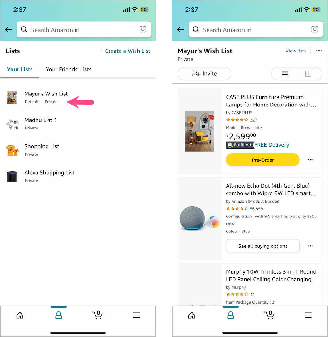 how to find hearted items on amazon app