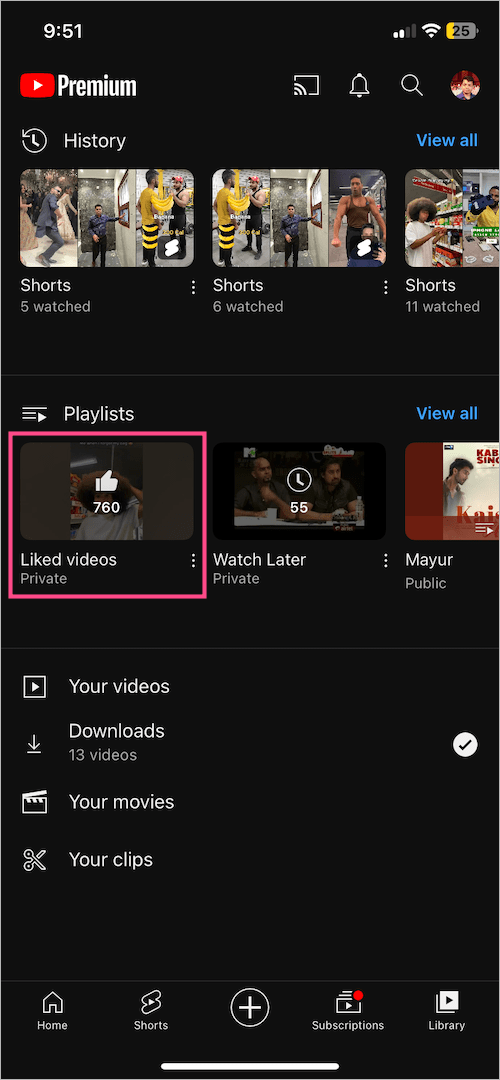 How to see your liked videos on YouTube shorts