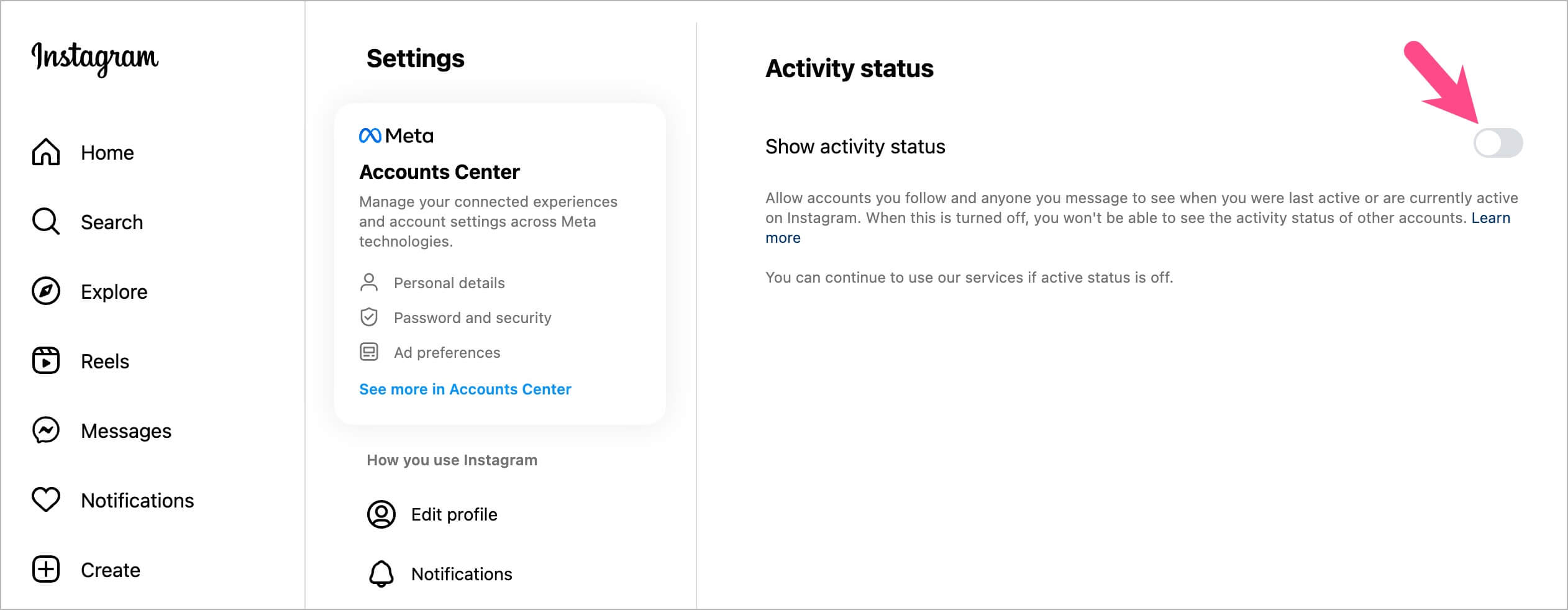 turn off instagram online status on PC