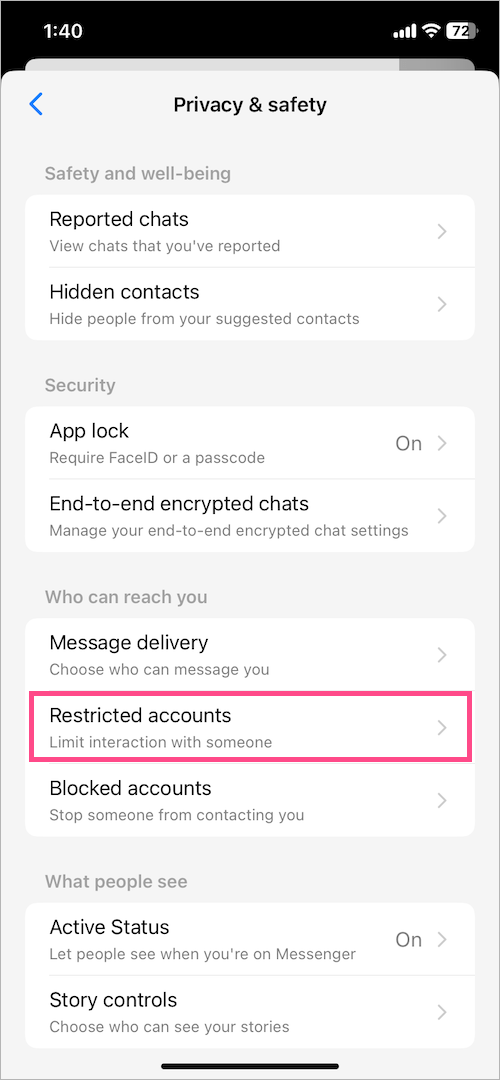 How to find restricted accounts on messenger