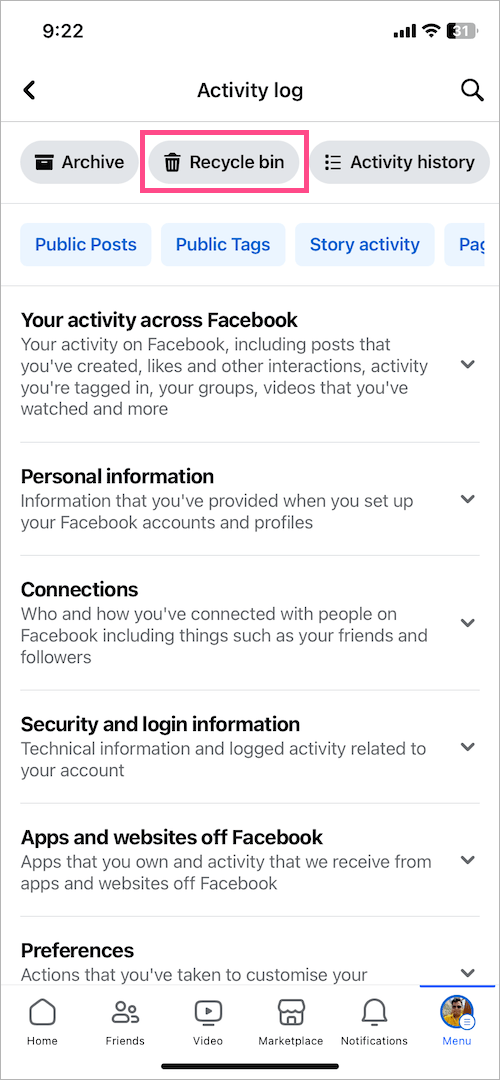 how to find Recycle bin on Facebook on iPhone